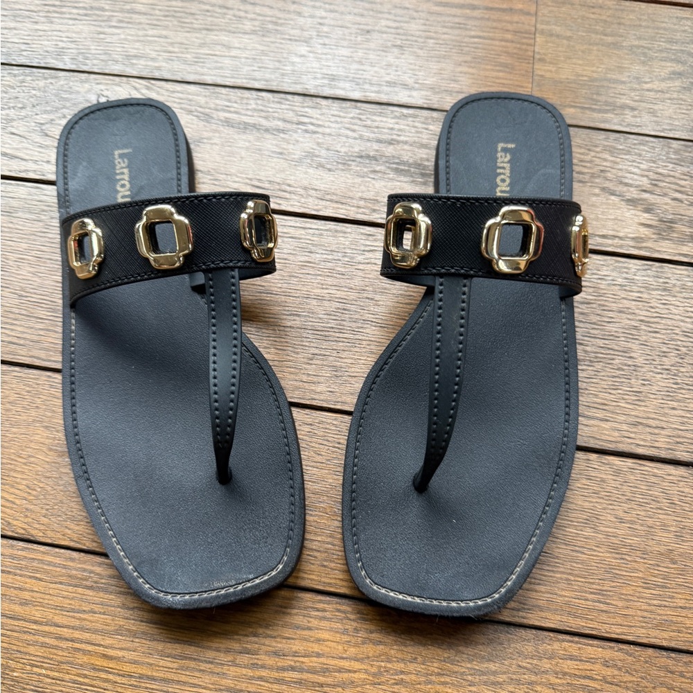 Larroude Black Sandal Slides with Gold Accents
